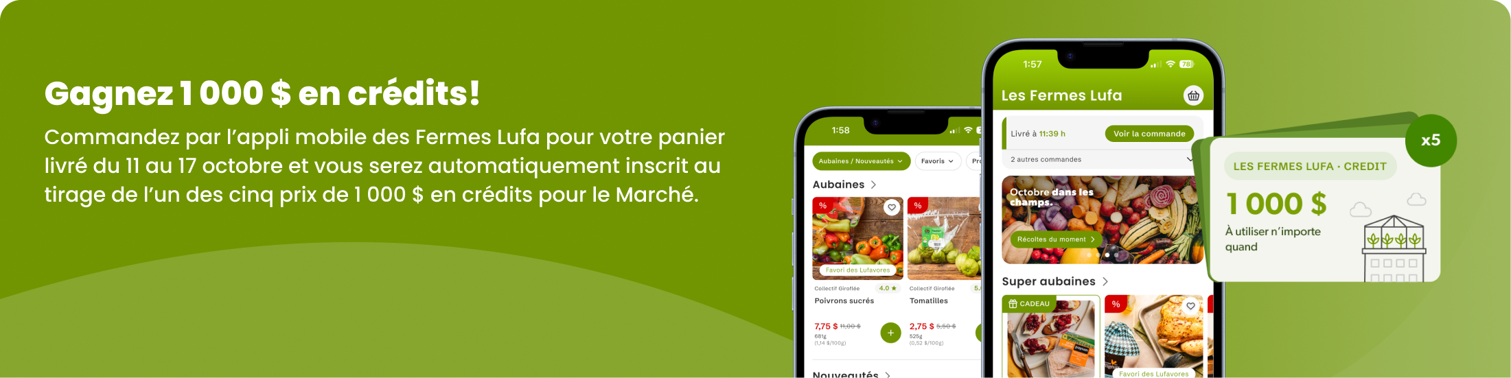 Gagnez 1 000 $ en crédits! Commandez par l’appli mobile des Fermes Lufa du 11 au 17 octobre et courez la chance de gagner l’un des cinq prix de 1 000 $ en crédits pour le Marché.
